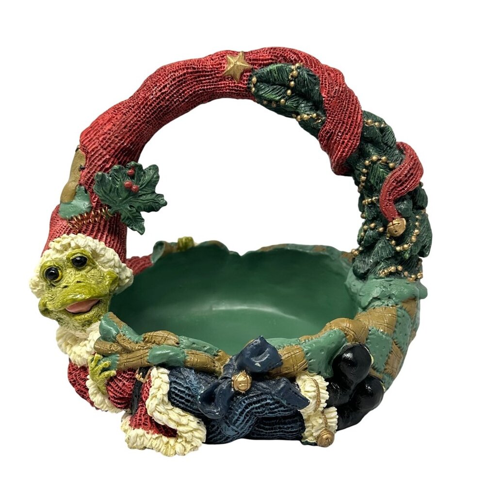 Mistletoad Santa Basket Christmas Candy Dish Resin Holiday Decoration Kitsch